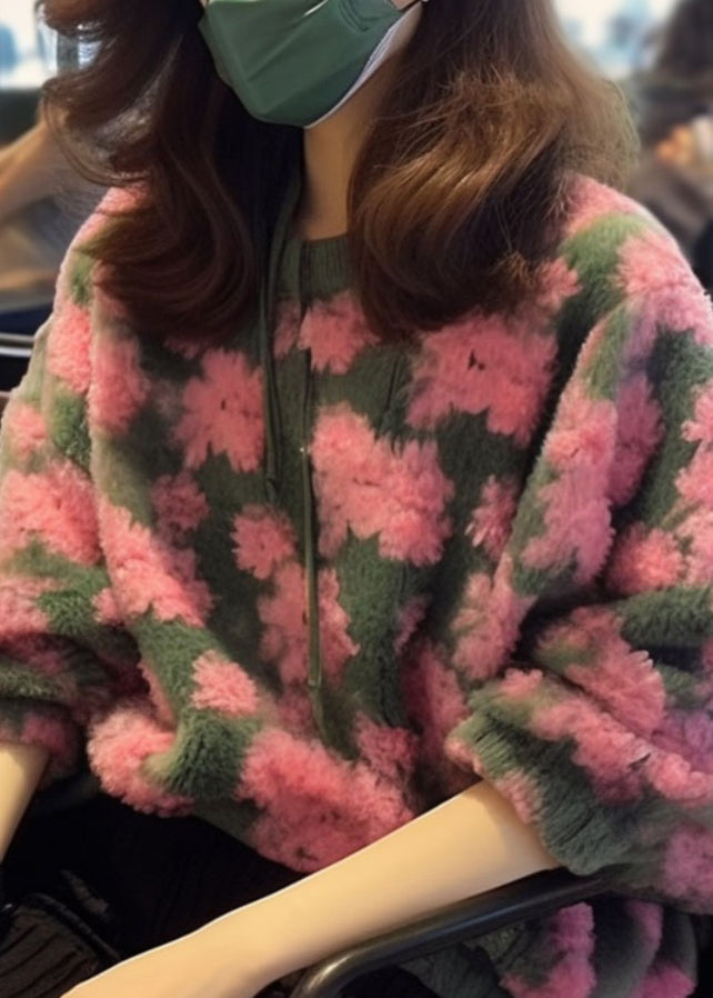 Beautiful Pink O Neck Jacquard Faux Fur Knit Sweaters Fall WO025 HS-NTP241109