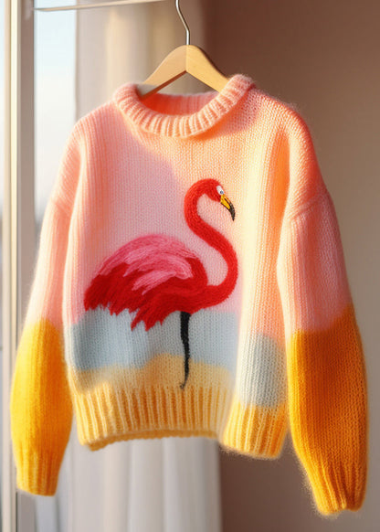 Beautiful Pink O Neck Patchwork Knit Sweaters Fall QG019 OM-SW241015