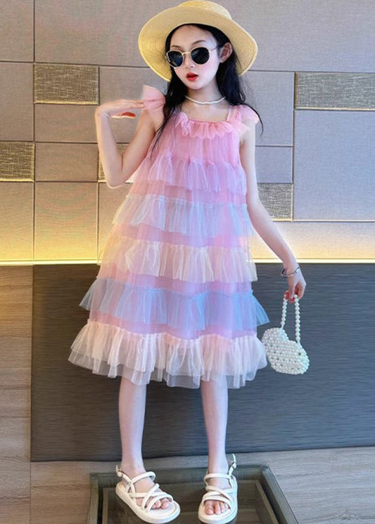 Beautiful Pink O-Neck Patchwork Tulle Kids Vacation Maxi Dresses Summer EW020 WS-JRTZSDL240810