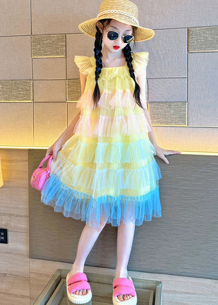 Beautiful Pink O-Neck Patchwork Tulle Kids Vacation Maxi Dresses Summer EW020 WS-JRTZSDL240810