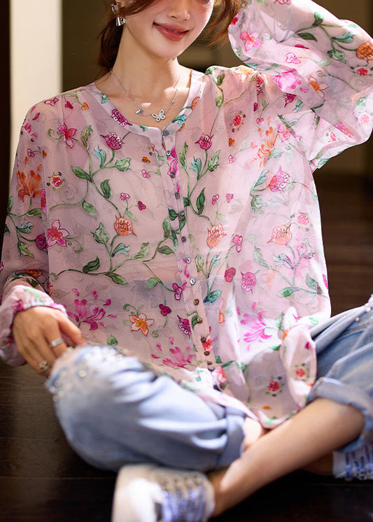 Beautiful Pink O Neck Print Loose Chiffon Blouse Top Fall AC1010 Genistyle Shop