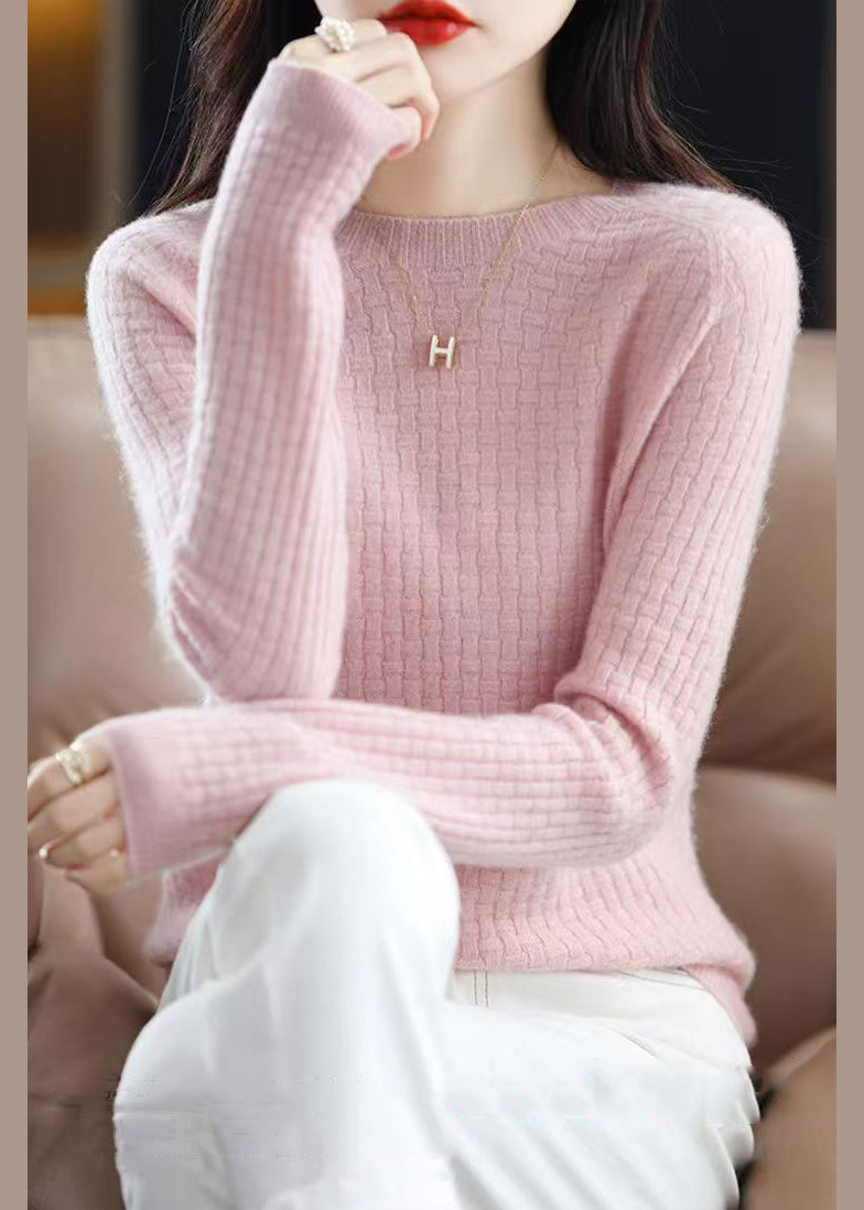 Beautiful Pink O Neck Solid Cotton Knit Sweaters Fall QI016 OM-BB241005
