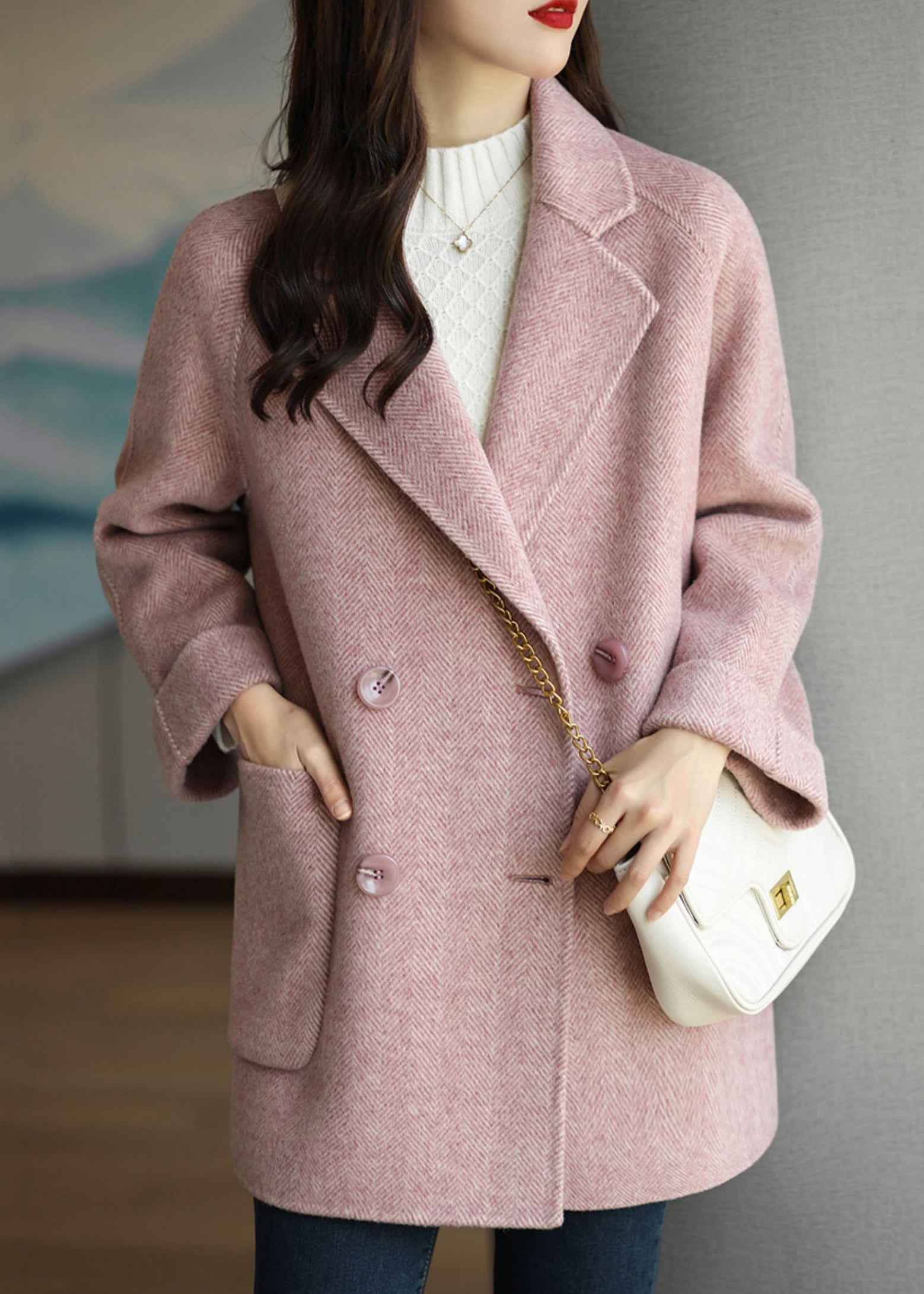 Beautiful Pink Peter Pan Collar Double Breast Pockets Woolen Coat Winter RS025 ABC