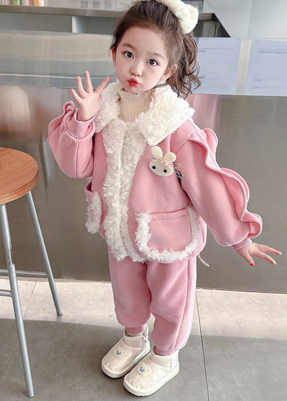 Beautiful Pink Peter Pan Collar Warm Fleece Girls Coats And Beam Pants Two Pieces Set Winter TR016 ABC