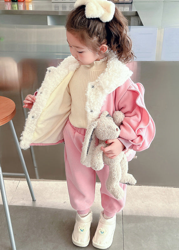 Beautiful Pink Peter Pan Collar Warm Fleece Girls Coats And Beam Pants Two Pieces Set Winter TR016 ABC