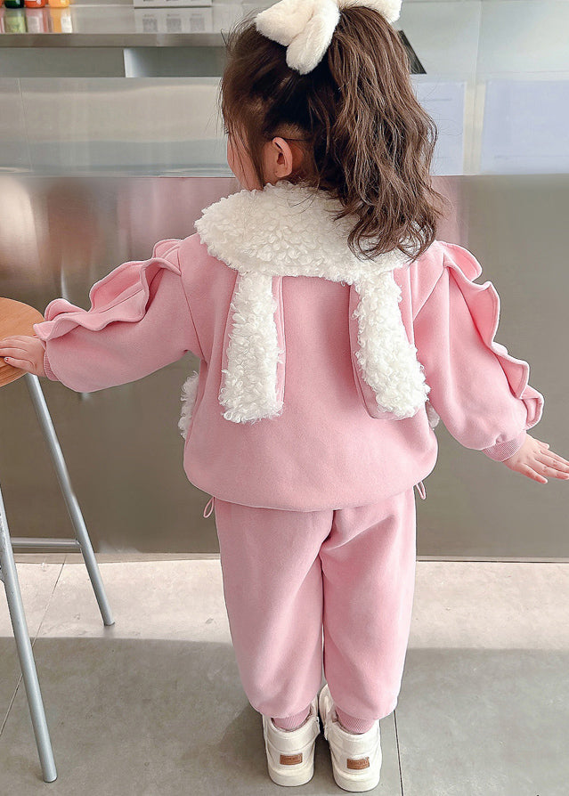 Beautiful Pink Peter Pan Collar Warm Fleece Girls Coats And Beam Pants Two Pieces Set Winter TR016 ABC