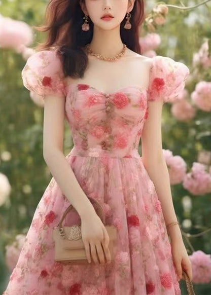 High Long Summer Pink Chiffon Dress Print Waist Beautiful FashionChic