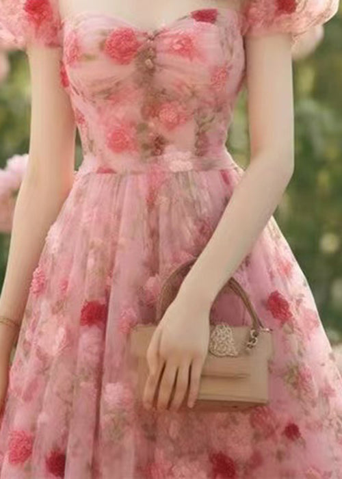 High Long Summer Pink Chiffon Dress Print Waist Beautiful FashionChic