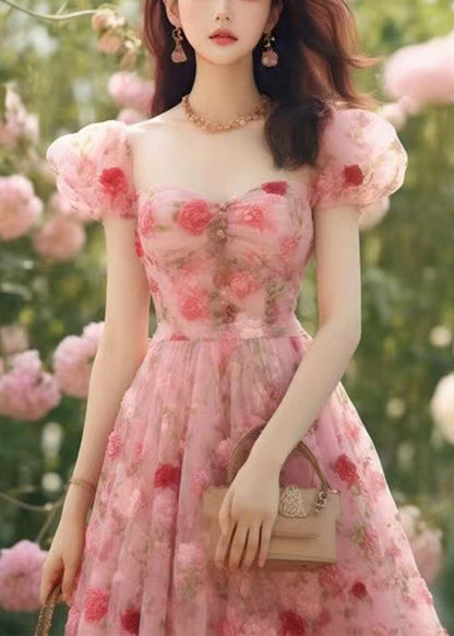 High Long Summer Pink Chiffon Dress Print Waist Beautiful FashionChic