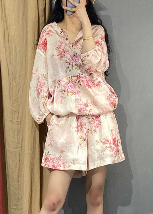 Beautiful Pink Print Hooded Shirts And Shorts Two Piece Set Long Sleeve UU033 OM-MM240820