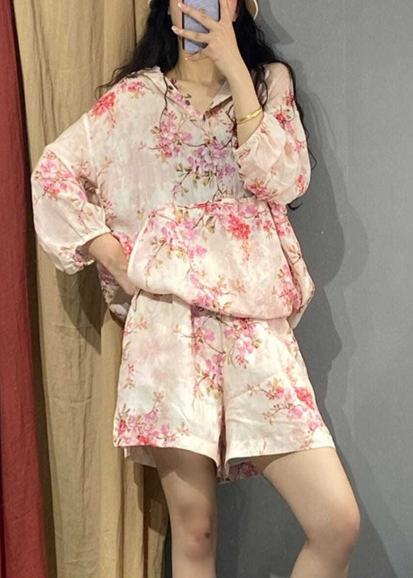 Beautiful Pink Print Hooded Shirts And Shorts Two Piece Set Long Sleeve UU033 OM-MM240820