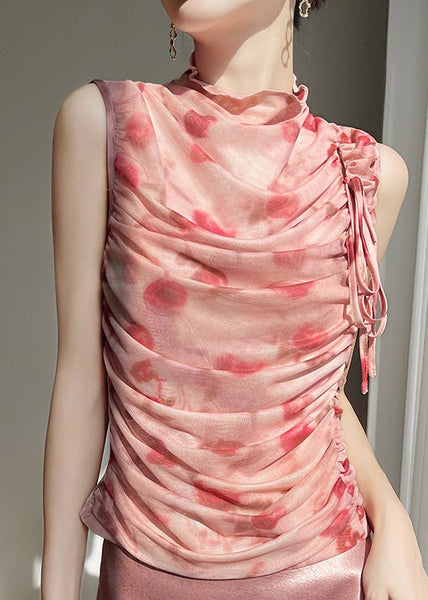 Lace Print Tulle Up Sleeveless Pink Wrinkled Beautiful Tops FashionChic