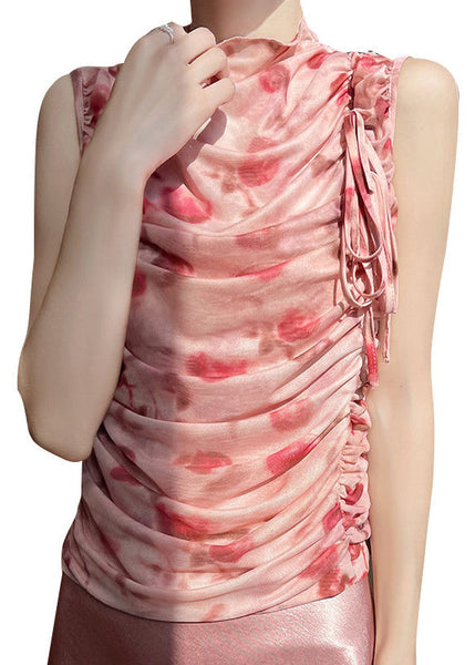 Lace Print Tulle Up Sleeveless Pink Wrinkled Beautiful Tops FashionChic