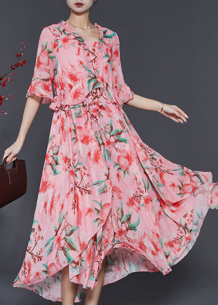 Beautiful Pink Ruffled Print Exra Large Hem Chiffon Dresses Summer SD1086 Ada Fashion