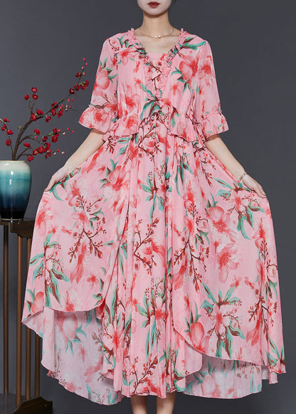 Beautiful Pink Ruffled Print Exra Large Hem Chiffon Dresses Summer SD1086 Ada Fashion