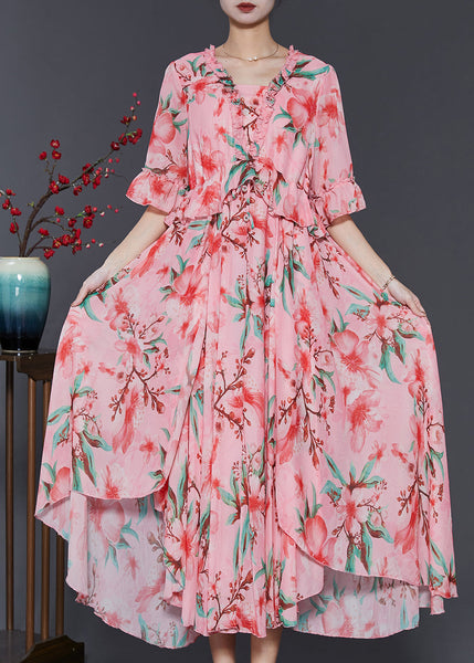 Beautiful Pink Ruffled Print Exra Large Hem Chiffon Dresses Summer SD1086 Ada Fashion