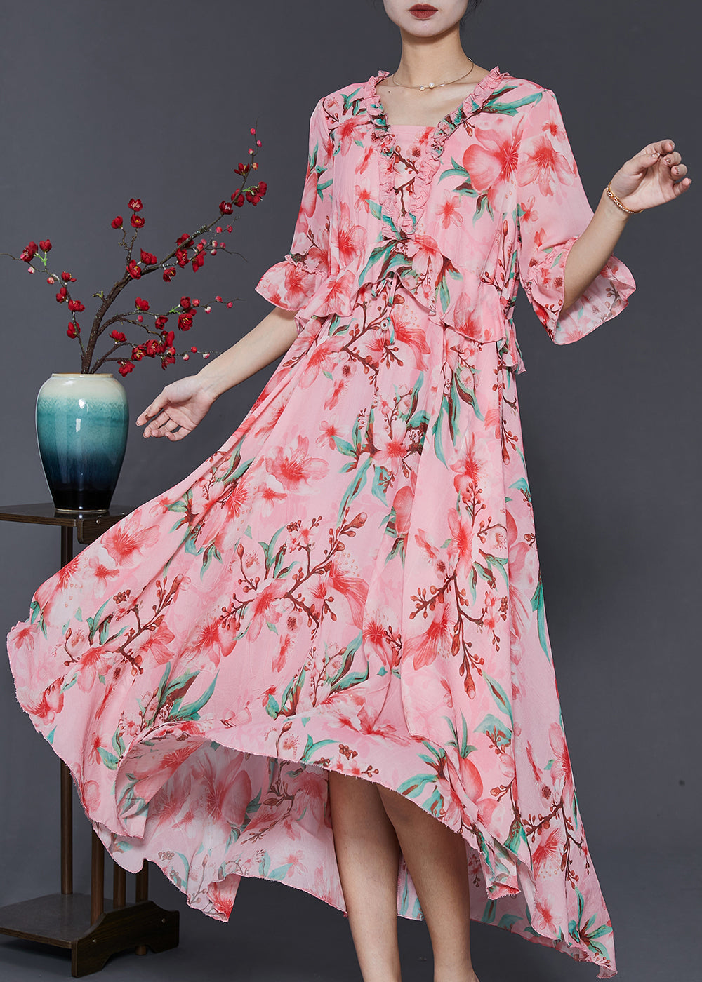Beautiful Pink Ruffled Print Exra Large Hem Chiffon Dresses Summer SD1086 Ada Fashion
