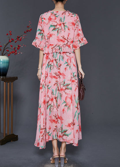 Beautiful Pink Ruffled Print Exra Large Hem Chiffon Dresses Summer SD1086 Ada Fashion