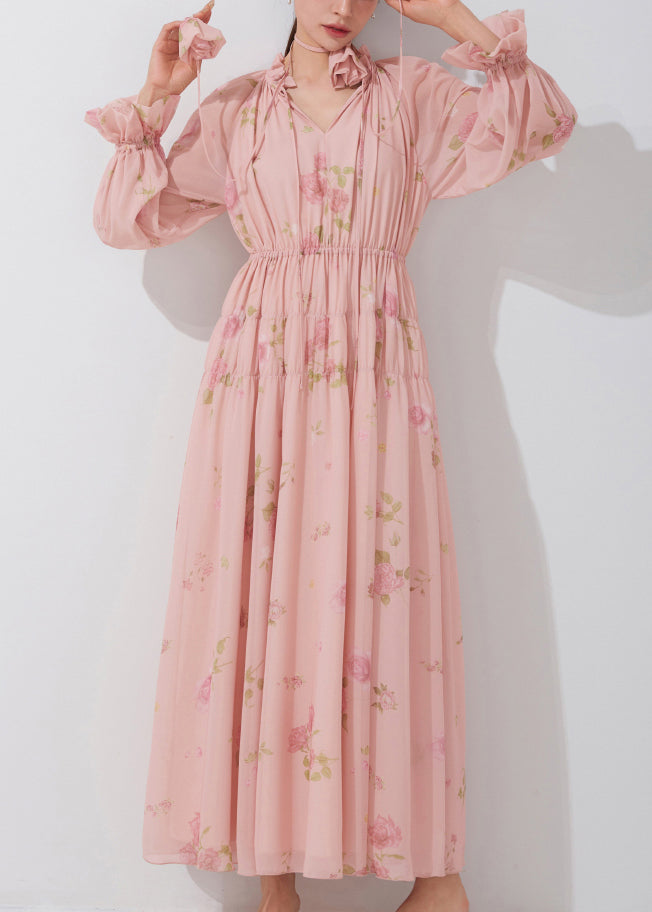 Beautiful Pink Ruffled Print Lace Up Chiffon Dress Fall QR038 OM-ZS240929