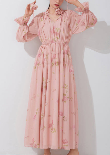 Beautiful Pink Ruffled Print Lace Up Chiffon Dress Fall QR038 OM-ZS240929
