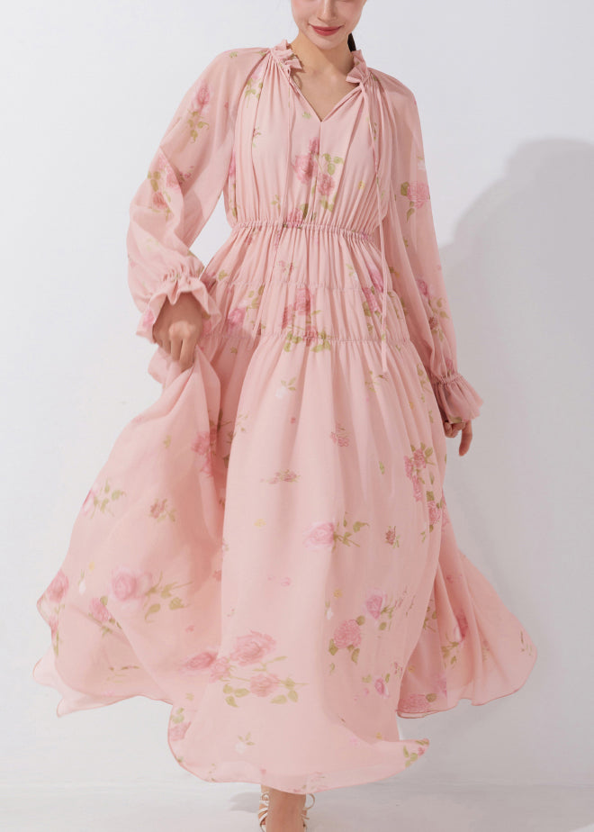 Beautiful Pink Ruffled Print Lace Up Chiffon Dress Fall QR038 OM-ZS240929