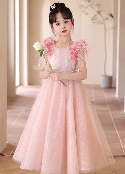 Beautiful Pink Sequins Patchwork Tulle Girls Maxi Dresses Summer YE001 ABC