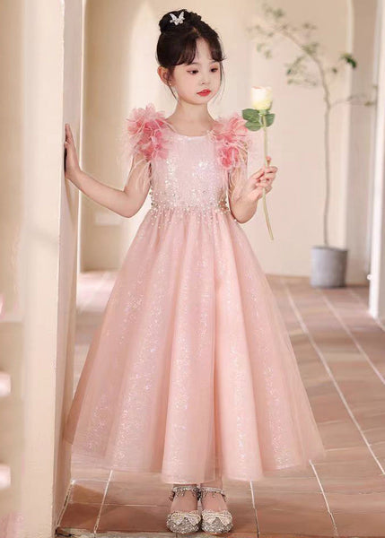 Beautiful Pink Sequins Patchwork Tulle Girls Maxi Dresses Summer YE001 ABC