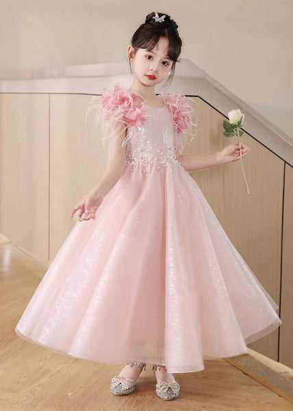 Beautiful Pink Sequins Patchwork Tulle Girls Maxi Dresses Summer YE001 ABC
