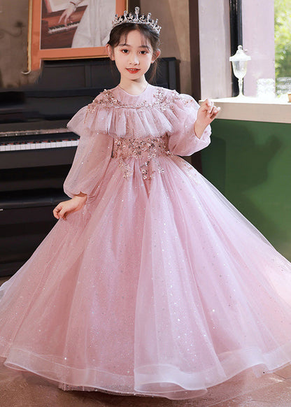 Beautiful Pink Sequins Patchwork Tulle Kids Maxi Dress Fall RP029 ABC