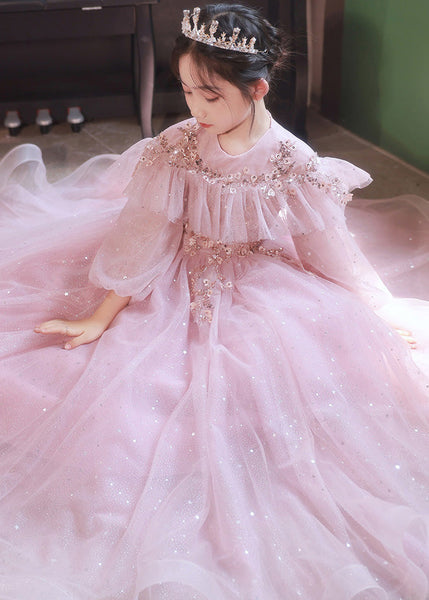 Beautiful Pink Sequins Patchwork Tulle Kids Maxi Dress Fall RP029 ABC