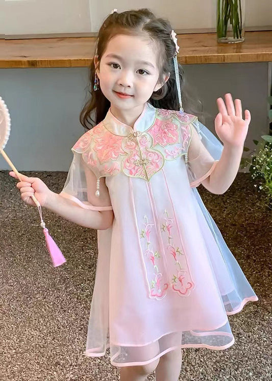 Beautiful Pink Stand Collar Embroideried Tulle Girls Holiday Tulle Maxi Dress Summer MN026 MM-RCTZ-SDL240701