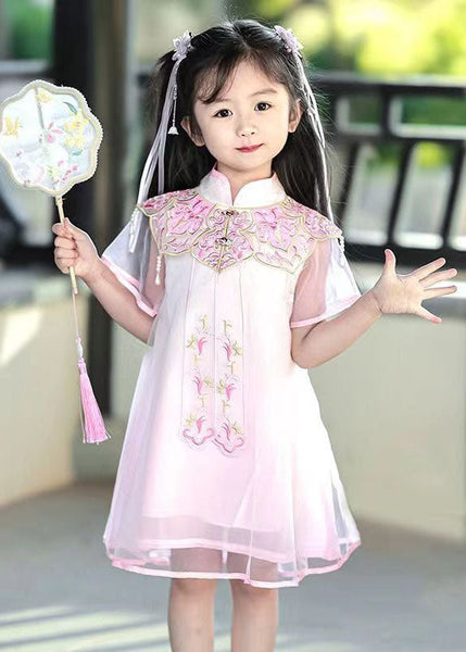 Beautiful Pink Stand Collar Embroideried Tulle Girls Holiday Tulle Maxi Dress Summer MN026 MM-RCTZ-SDL240701