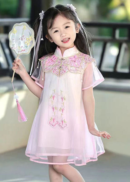 Beautiful Pink Stand Collar Embroideried Tulle Girls Holiday Tulle Maxi Dress Summer MN026 MM-RCTZ-SDL240701