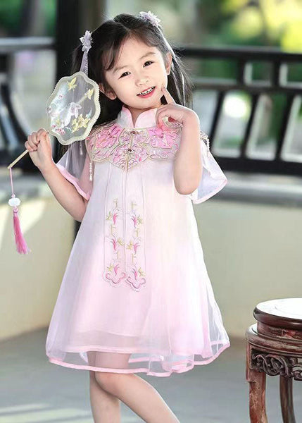 Beautiful Pink Stand Collar Embroideried Tulle Girls Holiday Tulle Maxi Dress Summer MN026 MM-RCTZ-SDL240701