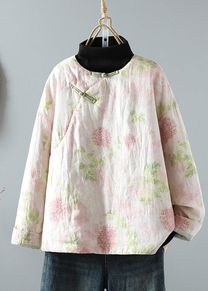 Beautiful Pink Stand Collar Patchwork Print Fine Cotton Filled Oriental Coats In Winter TM039 ABC
