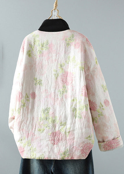 Beautiful Pink Stand Collar Patchwork Print Fine Cotton Filled Oriental Coats In Winter TM039 ABC
