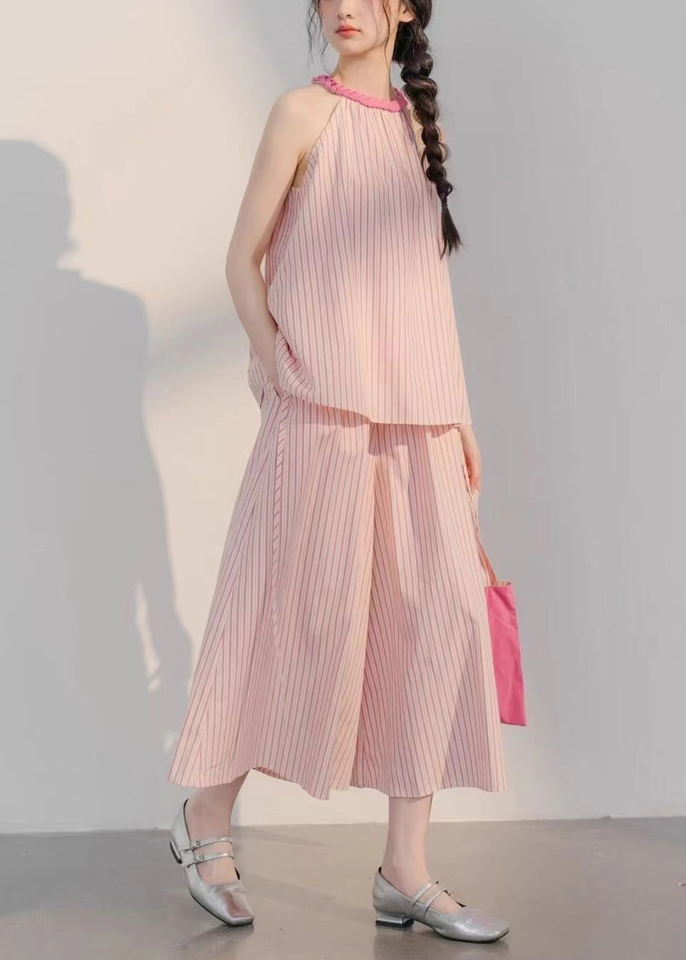 Beautiful Pink Striped Tops And Crop Pants Cotton Two Pieces Set Sleeveless XX040 SH-LF-TPIEC240611