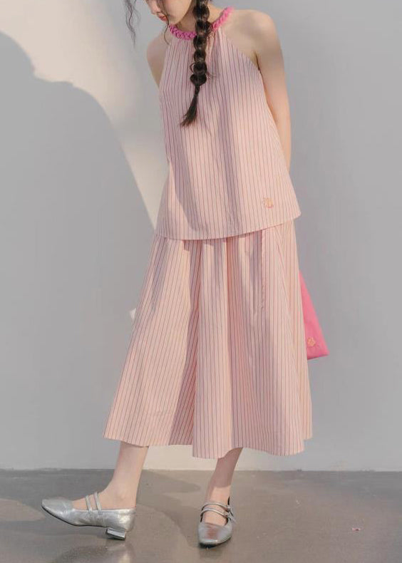 Beautiful Pink Striped Tops And Crop Pants Cotton Two Pieces Set Sleeveless XX040 SH-LF-TPIEC240611