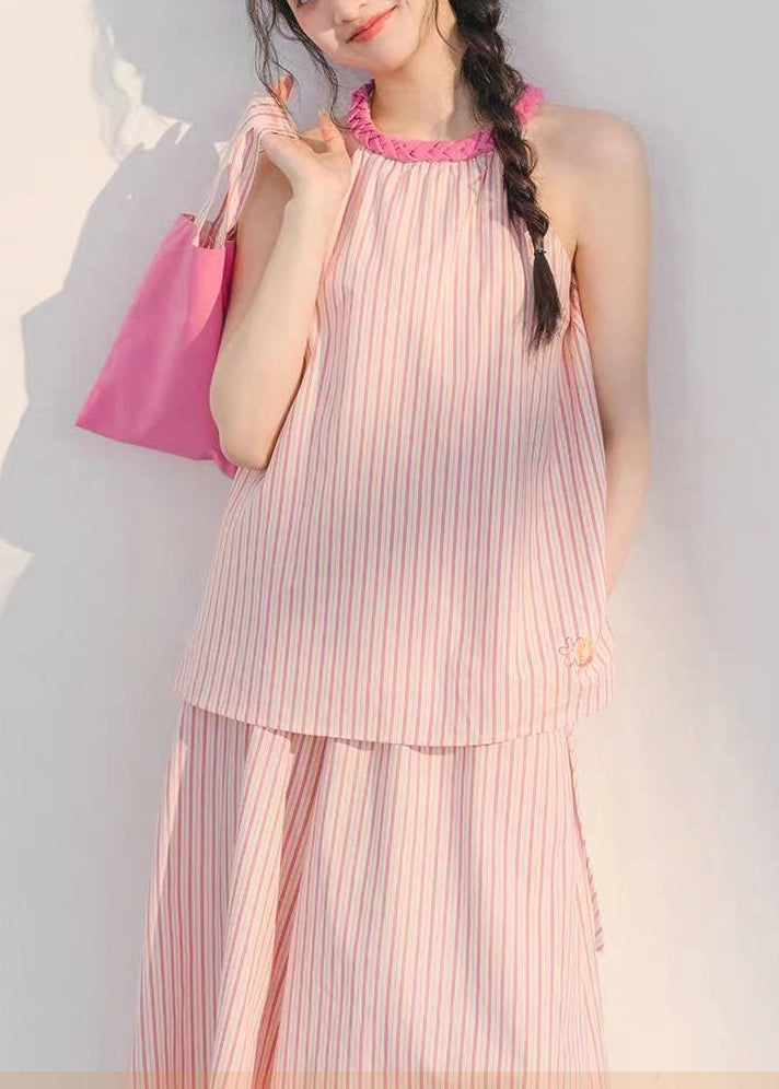 Beautiful Pink Striped Tops And Crop Pants Cotton Two Pieces Set Sleeveless XX040 SH-LF-TPIEC240611