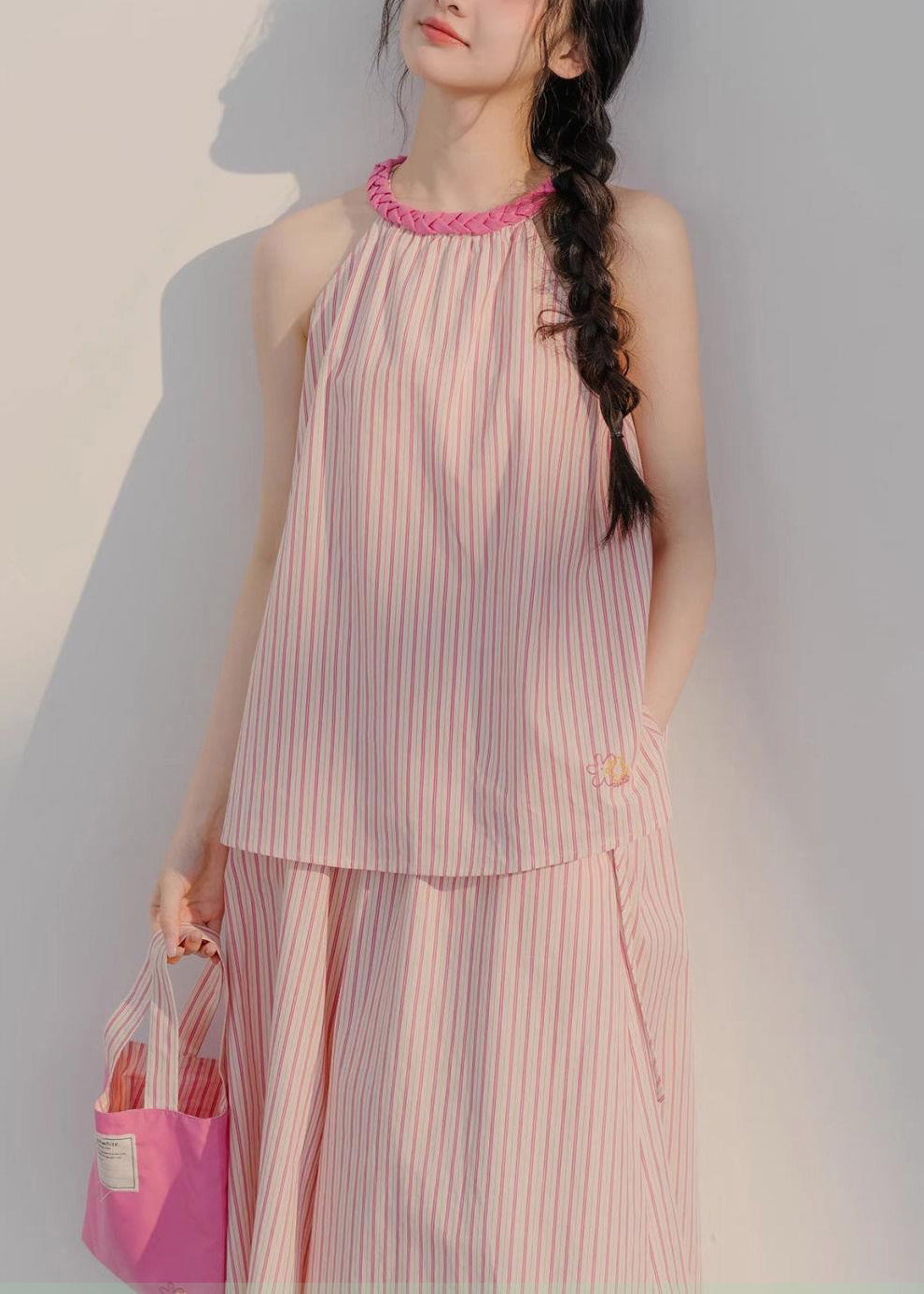 Beautiful Pink Striped Tops And Crop Pants Cotton Two Pieces Set Sleeveless XX040 SH-LF-TPIEC240611