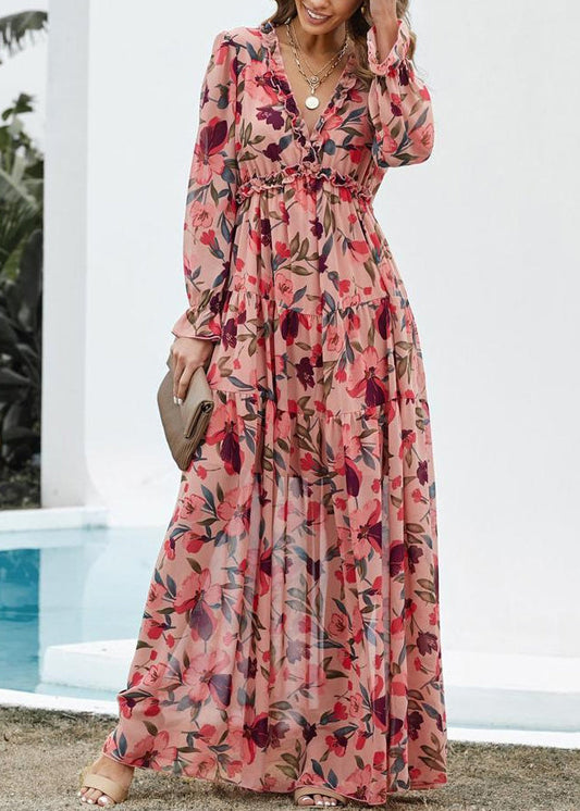 V Neck Ruffled Pink Dress Spring Long Beautiful Chiffon Print FashionChic
