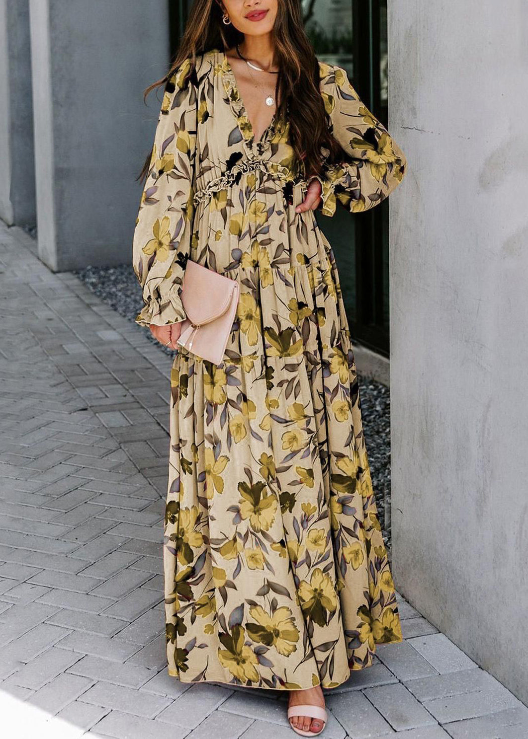 V Neck Ruffled Pink Dress Spring Long Beautiful Chiffon Print FashionChic