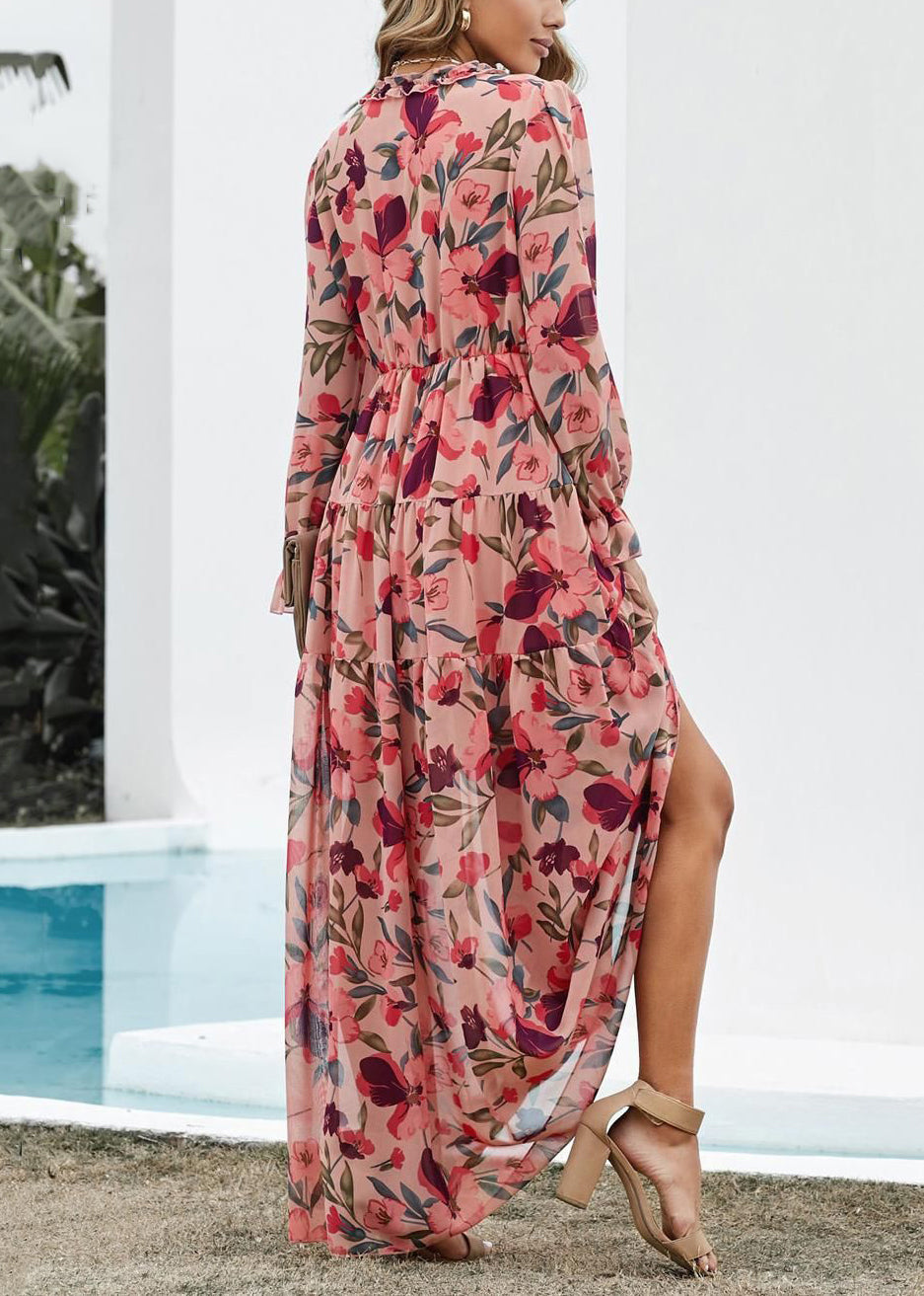 V Neck Ruffled Pink Dress Spring Long Beautiful Chiffon Print FashionChic