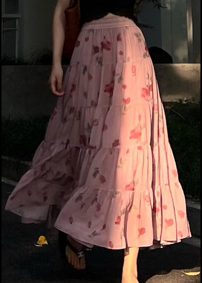 Beautiful Pink Wrinkled Print Elastic Waist Chiffon Skirts Spring QQ1047 Ada Fashion