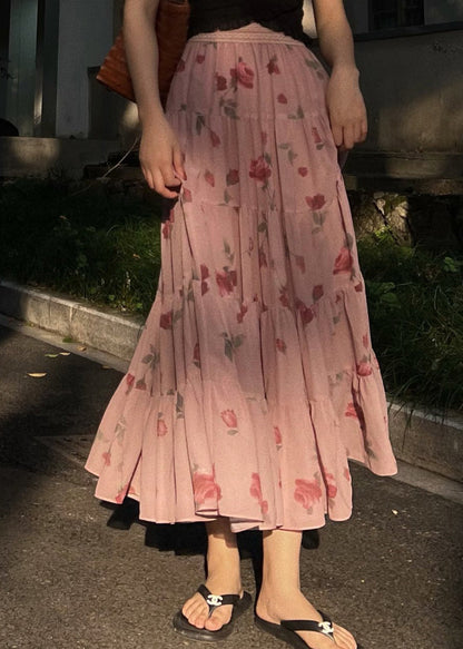 Beautiful Pink Wrinkled Print Elastic Waist Chiffon Skirts Spring QQ1047 Ada Fashion