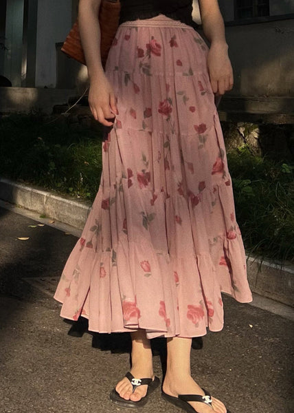 Beautiful Pink Wrinkled Print Elastic Waist Chiffon Skirts Spring QQ1047 Ada Fashion