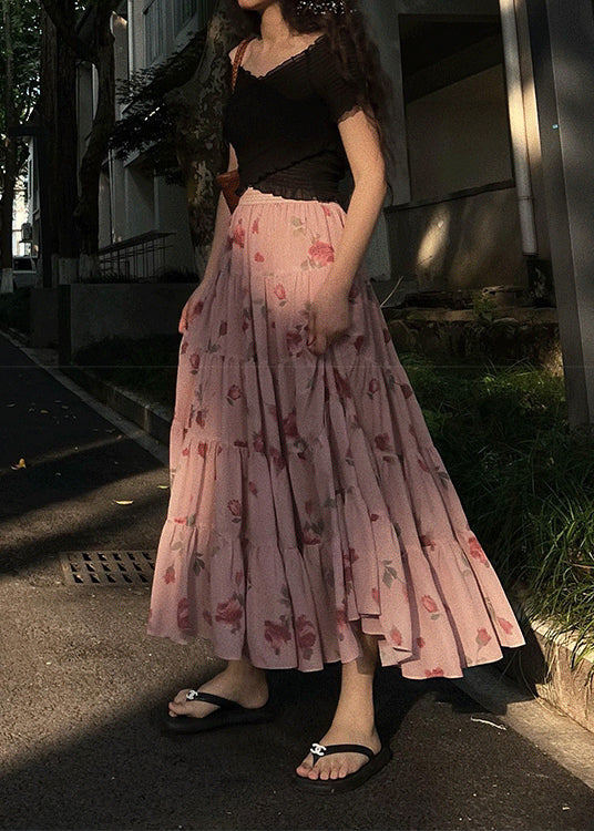 Beautiful Pink Wrinkled Print Elastic Waist Chiffon Skirts Spring QQ1047 Ada Fashion