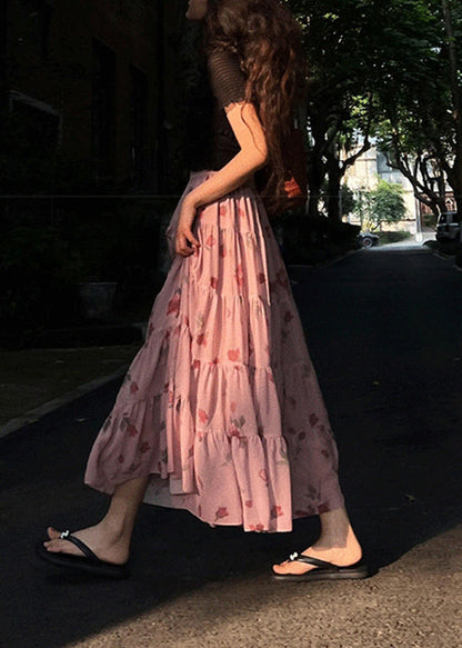 Beautiful Pink Wrinkled Print Elastic Waist Chiffon Skirts Spring QQ1047 Ada Fashion