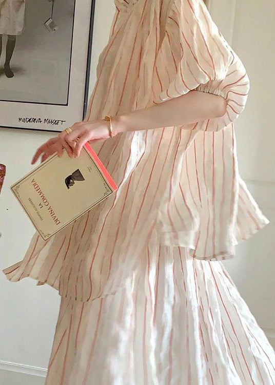 Beautiful Puff Sleeve Striped Cotton Two Pieces Set ZL005 SH-LF-TPIEC240621