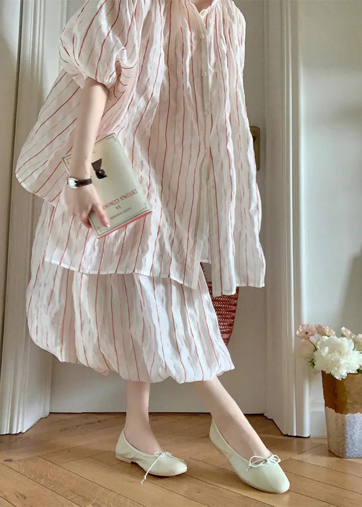 Beautiful Puff Sleeve Striped Cotton Two Pieces Set ZL005 SH-LF-TPIEC240621